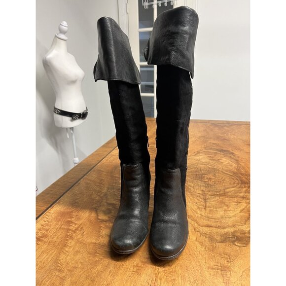 Naya Narubi Women's 7 Black Over the Knee Fold Down Suede Leather Boots Heeled - Picture 4 of 8